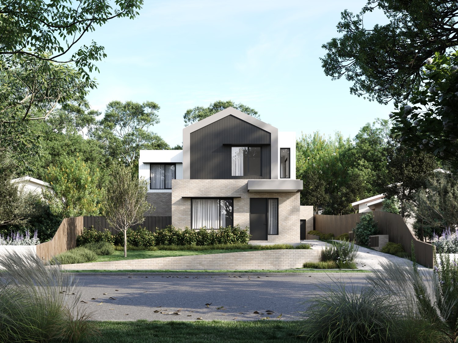 Street view render of a completed townhouse development